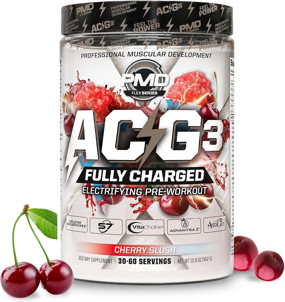 PMD Sports ACG3 Tam şarj edildi - Elektrikli Pre Workout Toz - High Energy & Pump Pre Workout for Men and Women to Maxising Focus, Endurance & Performance - Cherry Slush (30-60 hizmet)
