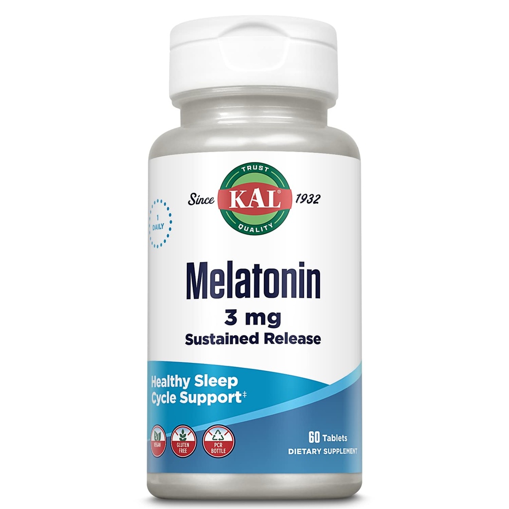 KAL Melatonin 3 mg Sustained Release Sleep Aid, Melatonin Supplement Supports Health Relaxation, a Calm feeling and a Proper Sleep Cycle, w/Added Vitamin B6, Vegan, Gluten Free 60 Serv, 60 Tabletler