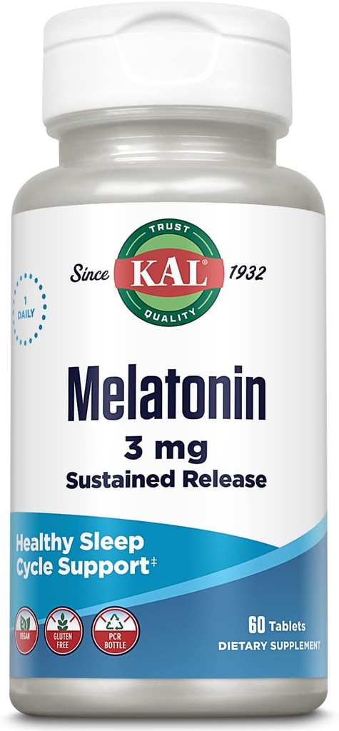 KAL Melatonin 3mg Sleep Aid Παρατεταμένη απελευθέρωση, Συμπλήρωμα μελατονίνης Υποστηρίζει υγιή χαλάρωση, ένα ήρεμο συναίσθημα και έναν σωστό κύκλο ύπνου, w/ Πρόσθετη βιταμίνη Β6, Vegan, Χωρίς γλουτένη 60 Serv, 60 δισκία