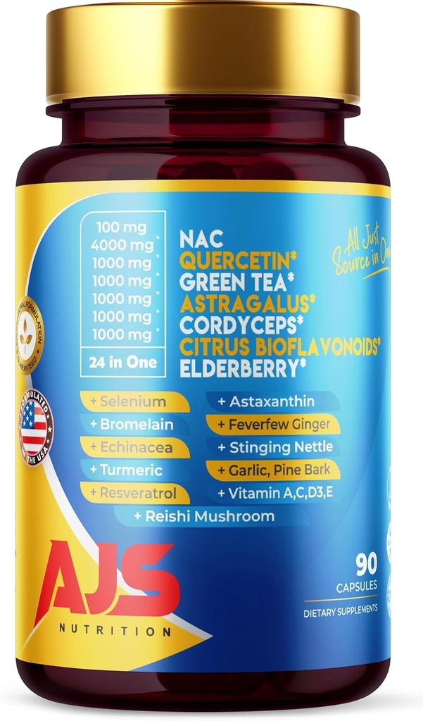 AJS Quercetin 4000mg with Nac Green Tea Cordycepscitrus Elderberry Selenium Bromelain Echinacea Turmeric Resveratrol Astaxanthinfek Ginger Reishi Mushroom 90 Caps 20 in 1