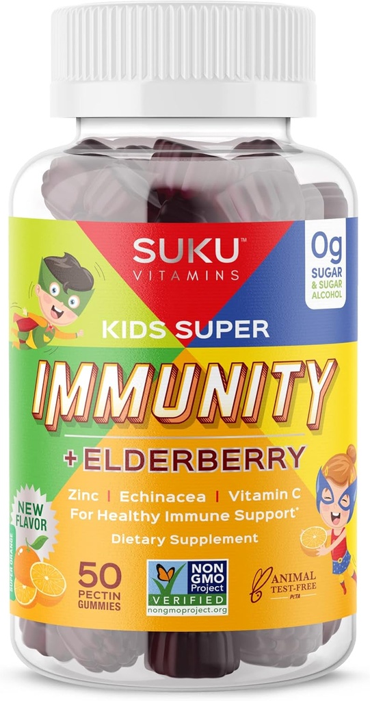 SUKU Βιταμίνες - Παιδιά Σούπερ Ανοσία - Elderberry, Echinacea, Βιταμίνη Α και Zinc Gummies για την υποστήριξη του ανοσοποιητικού - εύκολο να μασήσει - μη ΓΤΟ, Χωρίς γλουτένη ζάχαρη - Ρόδι Lime Gummy Βιταμίνες, 50 Count