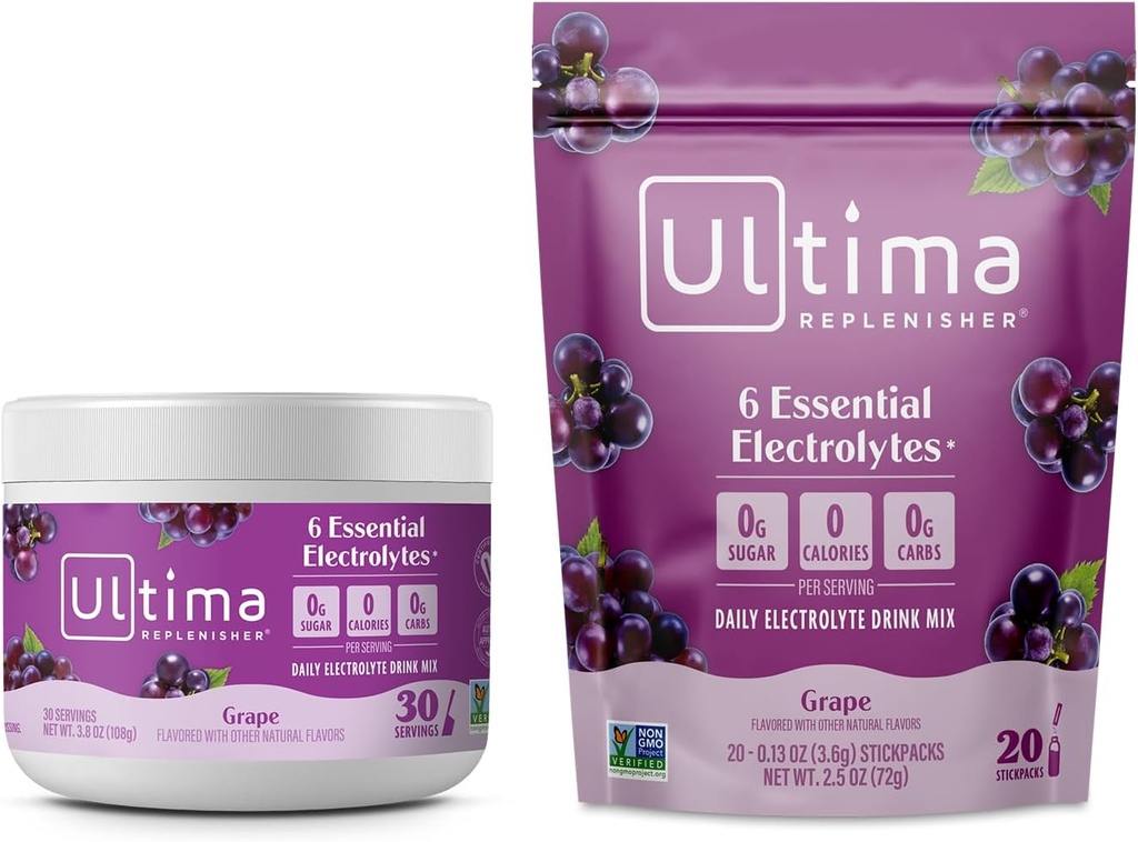 Ultima Replenisher Ηλεκτρολυτικό Ποτό σε σκόνη Mix Bundle – Χωρίς ζάχαρη – Σταφύλι, 30 Σερβιρίσματος Canister και 20 Stickpacks – 6 Ηλεκτρολύτες και Ορυκτά – Κετοφιλικά, Vegan, Μη ΓΤΟ
