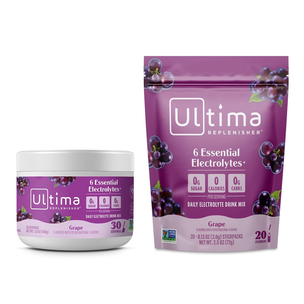 Ultima Replenisher Ηλεκτρολυτικό Ποτό σε σκόνη Mix Bundle – Χωρίς ζάχαρη – Σταφύλι, 30 Σερβιρίσματος Canister και 20 Stickpacks – 6 Ηλεκτρολύτες και Ορυκτά – Κετοφιλικά, Vegan, Μη ΓΤΟ