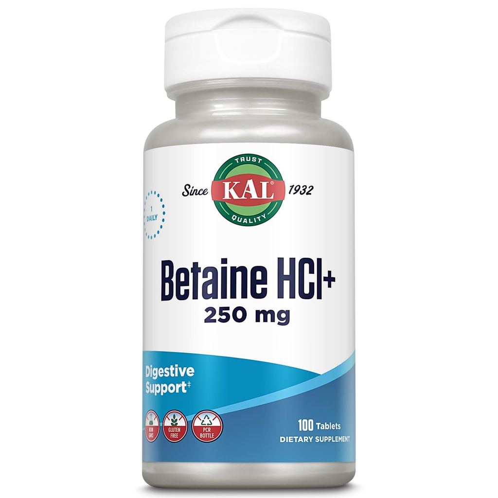 KAL Betaine HCL με Pepsin, Digestive Health Supplement with 250mg Betaine Hydrochloride Plus 130mg Pepsin, Gluten Free, Non-GMO, 60-Day Εγγύηση, δισκία ταχείας αποσύνθεσης, 100 Servings, 100ct