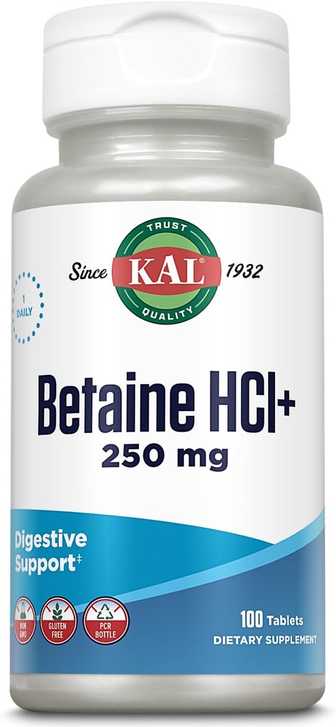 KAL Betaine HCL με Pepsin, Digestive Health Supplement with 250mg Betaine Hydrochloride Plus 130mg Pepsin, Gluten Free, Non-GMO, 60-Day Εγγύηση, δισκία ταχείας αποσύνθεσης, 100 Servings, 100ct