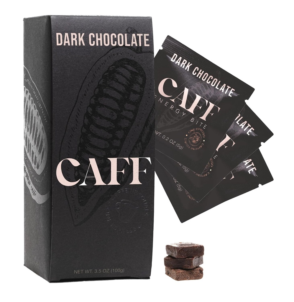 CAFF All Natural Energy Bites – Caffeinated Chocolate Flavored Chew for Energy Boost - Nodrew Sugar - 65 mg Caffeine Chocolate Bars - 15 Calorie Organic Caffeine Snacks - Vegan, Gluten-Free, Keto (20 Bites)