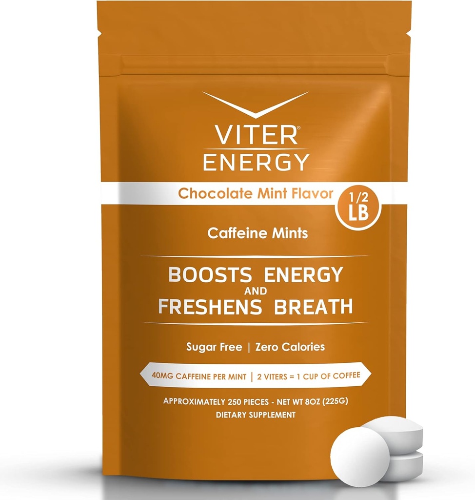 Viter Energy 40 mg Caffeine Mints - Sugar Free, B Vitamins, Vegan, Boosts Fast Energized Alert Focus, Caffeinated Nootropic Supplement Pills (Chocolate Mint Flavor, 8oz, Bulk Bag)