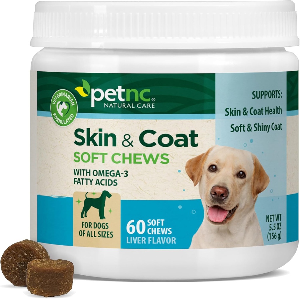 Petnc Natural Care Dog Skin and Coat Supplement Supplement (60 Chewables), Omega 3, EPA & DHA ile Sağlıklı Skin & Glossy Coat, For Dogs 18 Weeks & Older, Liver Flavor