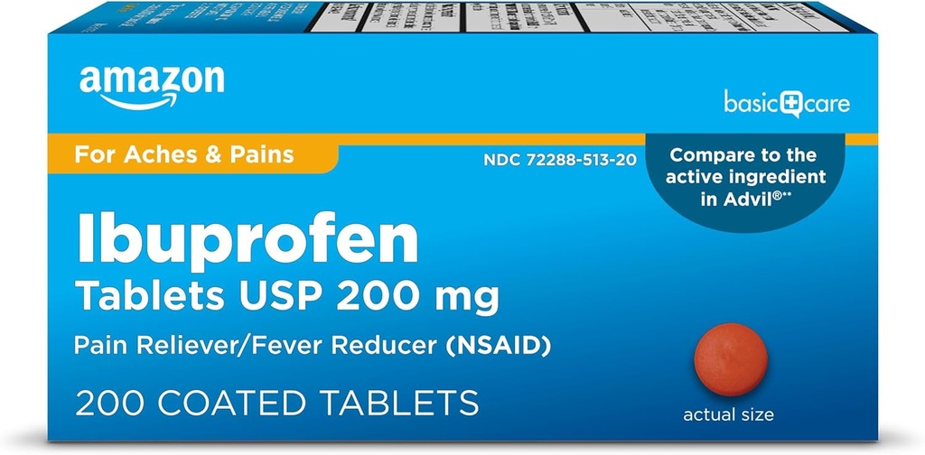 Temel Bakım Ibuprofen Tabletleri, Ateşleme ve Vücut Aches, Headache, Arthritis ve More, Brown, 200 (Kaplama değişebilir)