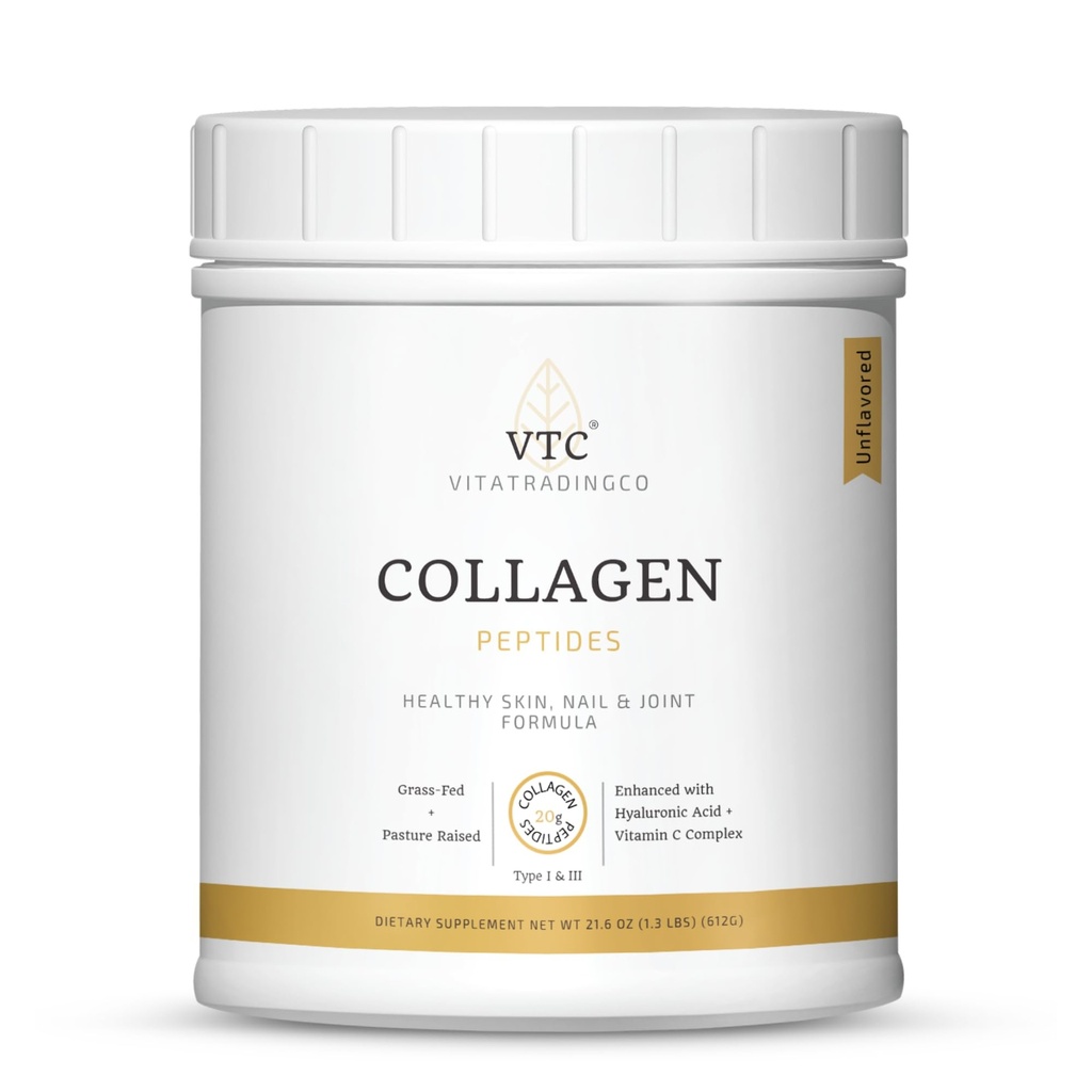 VTC VitaTradingCo. Grass-Fed Collagen Peptides Toz | Tip I & III | Hyaluronic Acid & C | Sağlıklı Saç, Skin & Ortaklar | GMO, Paleo, Keto | 30 Hizmetler (Unflavored)