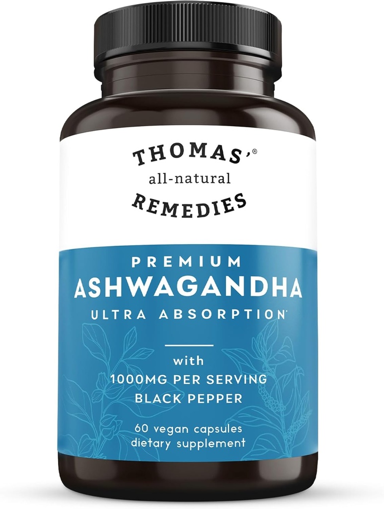 Thomas'ın tüm doğal Remedies Organik Ashwagandha Stres Desteği Tamam, Mood & Energy Support, Pure Ashwagandha 1000 mg, Ultra Abxia with Black Pepper, Vegan, Hayır,