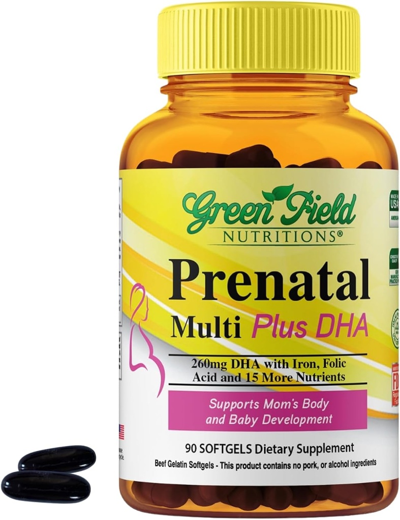 Greenfield Nutritions Halal Prenatal Vitamins with DHA and Folic Acid - Essential Prenatal Pregnancy Multivitamin with Iron - Contains 17 Vitamins for Mom to Be - Easy to Swallow 90 Liquid Softgels