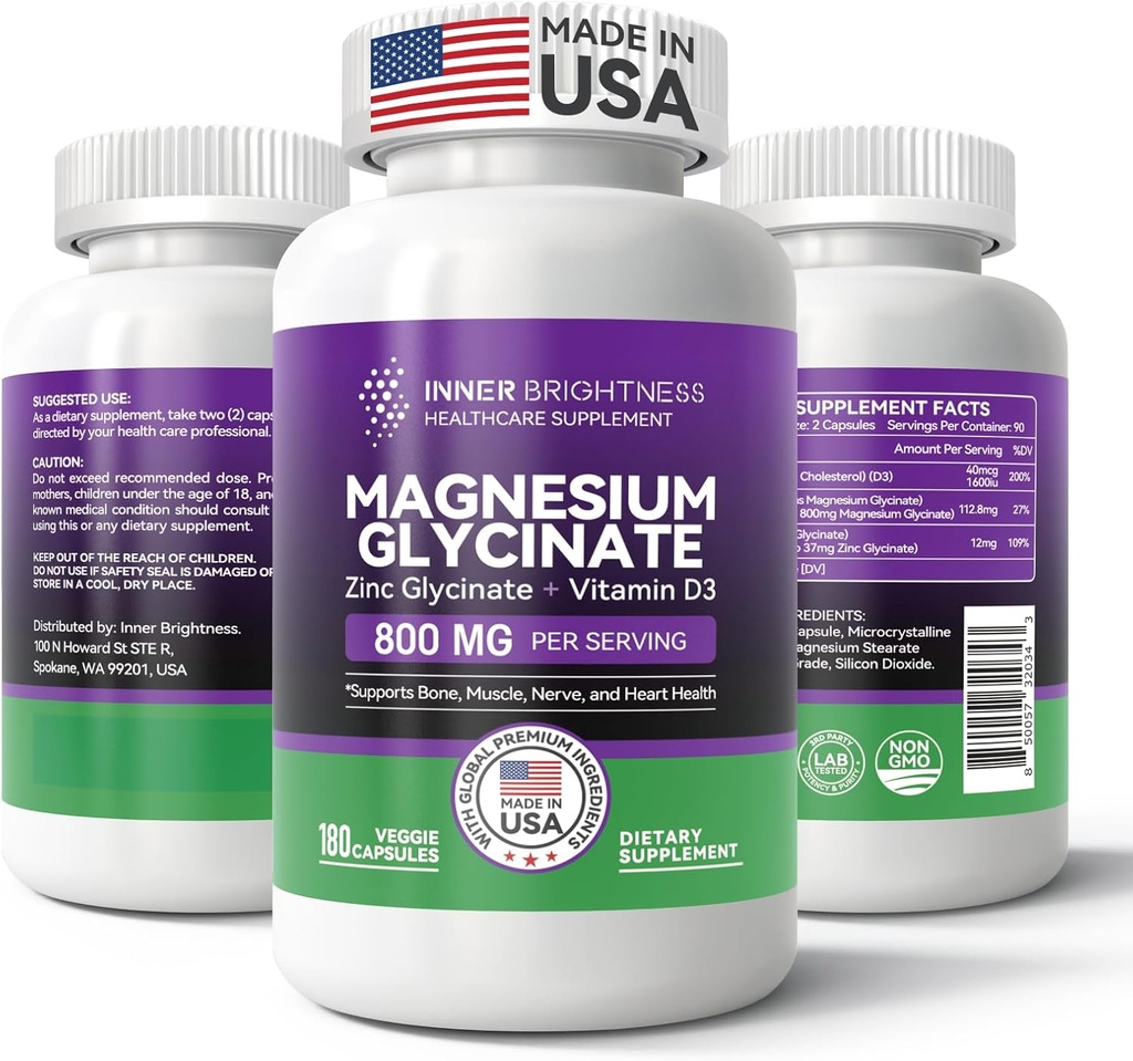 Magnezyum Glycinate - Magnezyum Supplement with çinko & Vitamin D3 for Sleep, Immune, Bone & Muscle Support and Heart Health - Non-GMO, Gluten-Free, Gentle on Stomach - 180 Vegetarian Capsules
