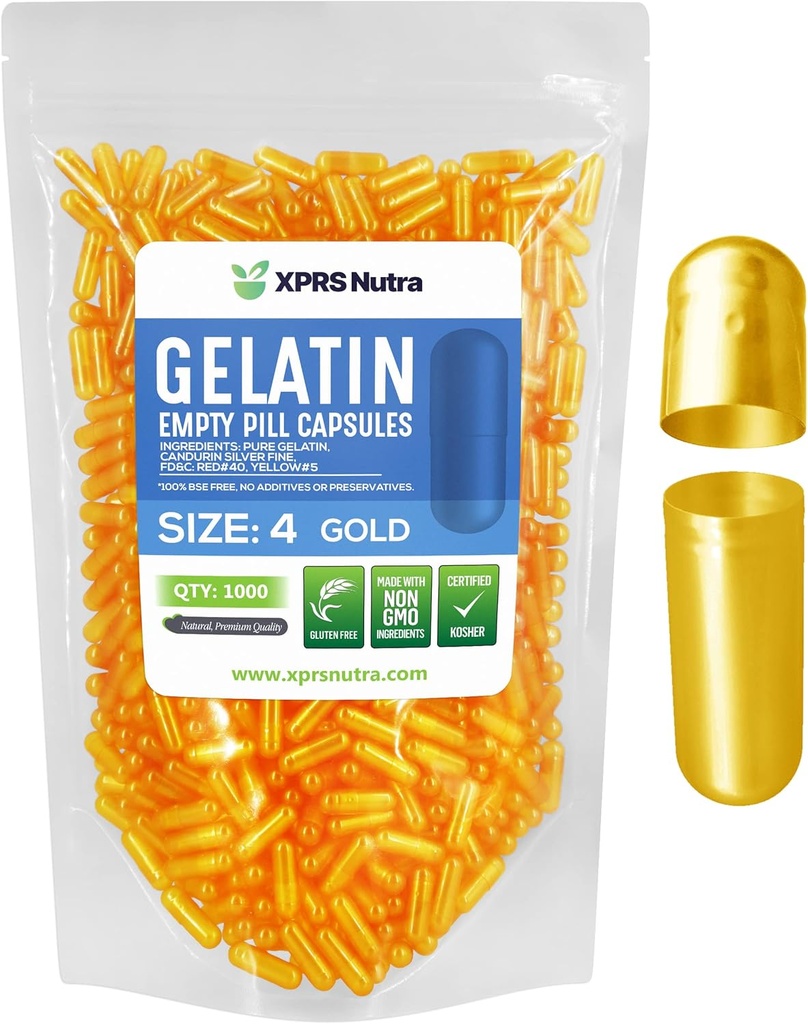 XPRS Nutra Boyutu 4 Boş Kapsüller - 1000 Kont Small Boş Gelatin Capsules - Pills DIY Capsule - Sağlam Bovine Pill Gel Caps For Do-It- Yourself Supplements (Gold)