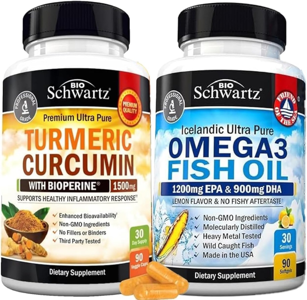 Triple Strength Omega 3 Fish Oil Softgels (1 Ay Supply) Plus Turmeric Curcumin with Black Pepper Extract 1500 mg Complex (Trial Boyut)