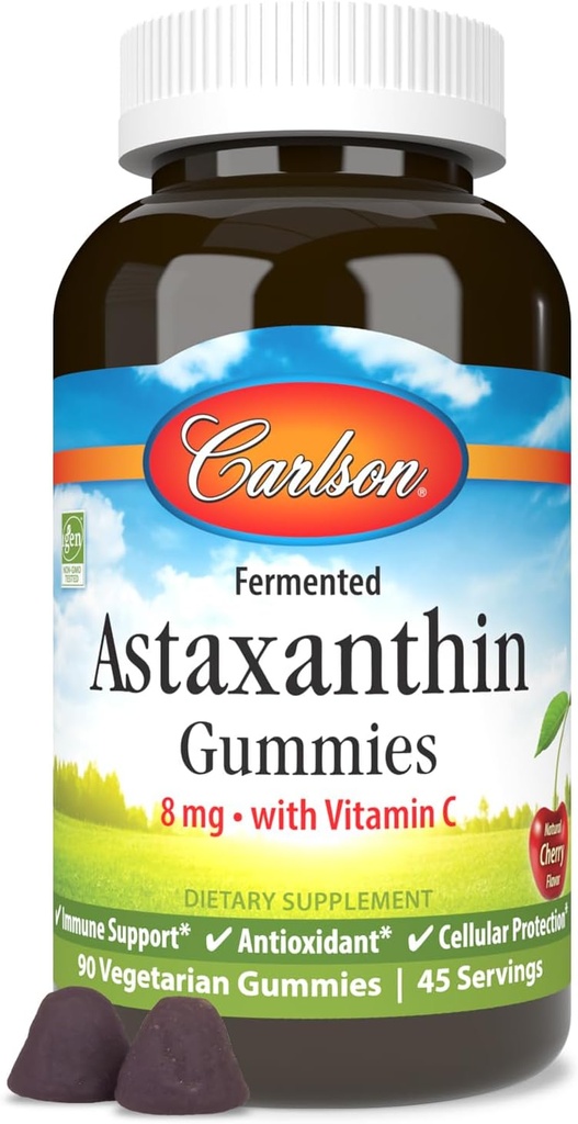 Carlson - Astaxanthin Gummies, C vitamini ile Immune Desteği, Antioksi, Kalp Sağlığı, Non-GMO, Cherry Flavor, 90 Vegetarian Gummies