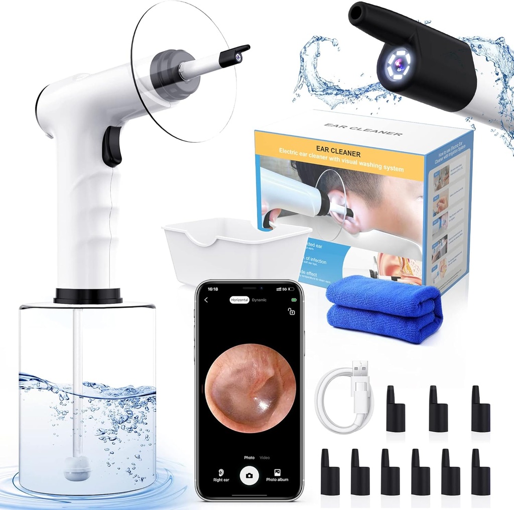 Ear Wax Removal, Ear Cleaning Kit, Water Powered Ear Cleaner with 3 Pressure Modes 12 Replacement Tips, Ear Irrigation Flushing System, Safe and Effective Ear Wax Removal Tool (Black)