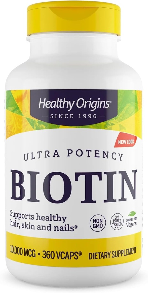 Sağlıklı Origins Biotin 10.000 mcg (USP Grade, Non-GMO, Gluten Free, Hair Support, Nail Support), 360 Veggie Caps