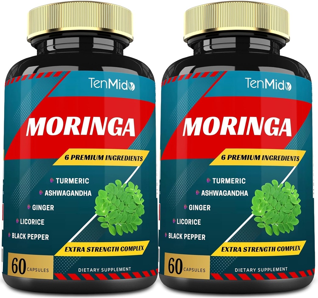 2 πακέτα κάψουλες Moringa, 4 μήνες προμήθεια με Turmeric, Ashwagandha, Ginger, Licorice, Black Pepper 