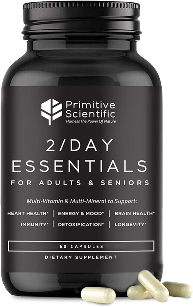 Yetişkin ve Seniors için tüm Gıda Günlük Temel Multivitaminleri - günde 2X - A, C, D, E, B12 ve Mineraller - Doğal ve Holistik Destek (60 Capsules)