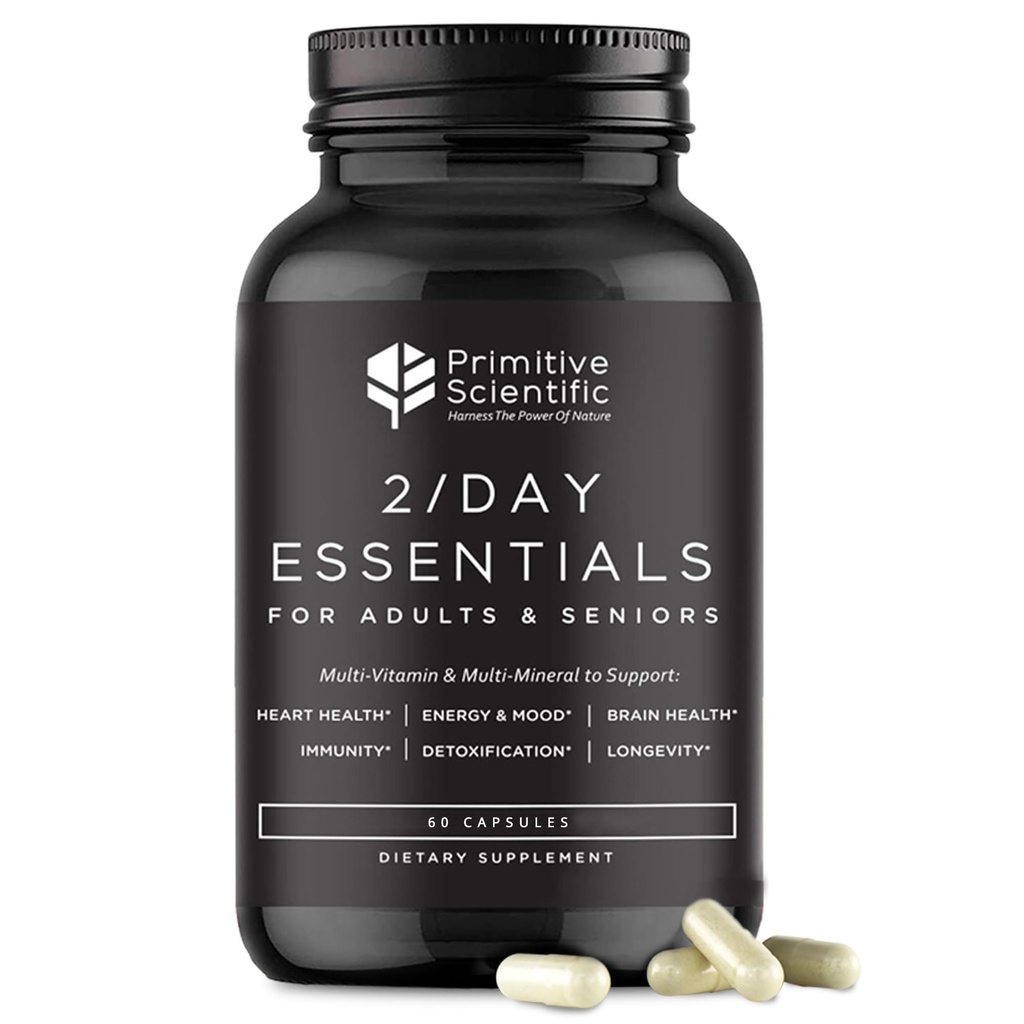 Yetişkin ve Seniors için tüm Gıda Günlük Temel Multivitaminleri - günde 2X - A, C, D, E, B12 ve Mineraller - Doğal ve Holistik Destek (60 Capsules)
