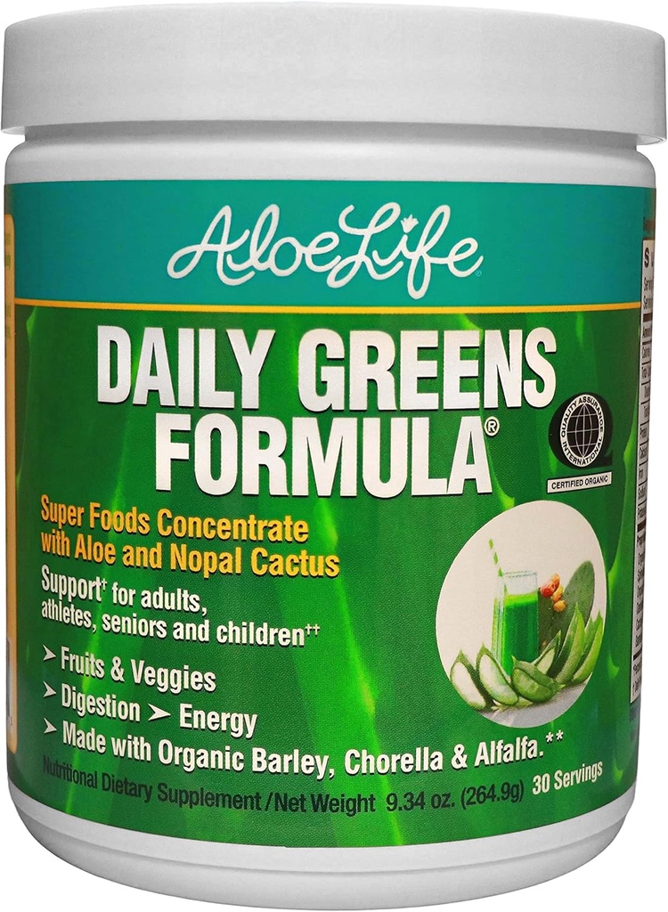 Aloe Life - Daily Greens Toz, QAI-Cerated Organic Health Supplement, Antioksis, 21 Meyveler, Veggies, & Herbs Including Aloe & Nopal Cactus, Low-Calorie, Keto-Friendly, Gluten-Free (30 hizmet)