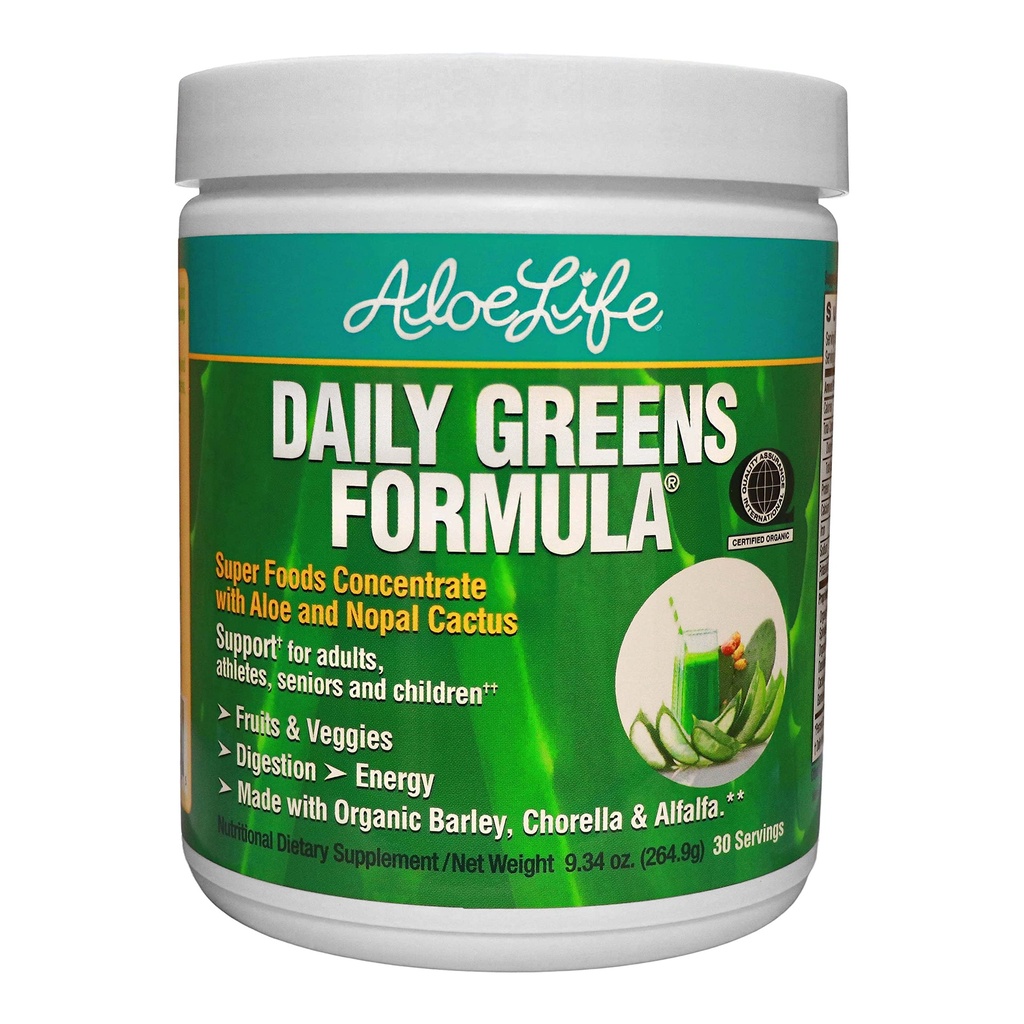 Aloe Life - Daily Greens Toz, QAI-Cerated Organic Health Supplement, Antioksis, 21 Meyveler, Veggies, & Herbs Including Aloe & Nopal Cactus, Low-Calorie, Keto-Friendly, Gluten-Free (30 hizmet)
