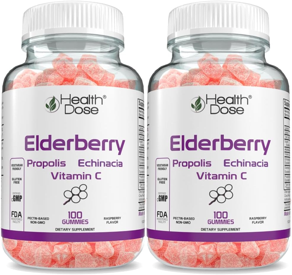 Sağlık Dose Elderberry Sambucus Gummy Vitamins Kids 100 Gummies. with Propolis Extract, Echinacea, C, Yummy Raspberry Flavor, Vegan, Gluten-Free, Defense, Immune Support ATM. Pack of 2