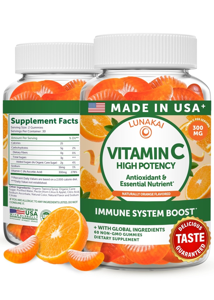 Lunakai ABD, Yetişkinler ve Çocuklar için Yüksek Potency C Gummies Yaptı - 300 mg Immune Support - Non-GMO, Vegan, Orange Flavor, 60ct