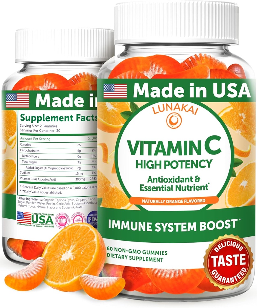 Lunakai ABD, Yetişkinler ve Çocuklar için Yüksek Potency C Gummies Yaptı - 300 mg Immune Support - Non-GMO, Vegan, Orange Flavor, 60ct
