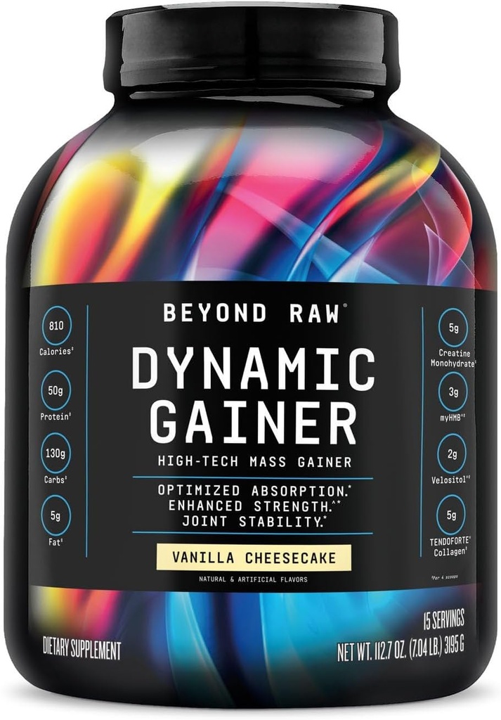 BEYOND RAW Dynamic Gainer (στα Αγγλικά). Υψηλής τεχνολογίας Μάζα Gainer, Βελτιστοποιημένη Απορρόφηση και ενισχυμένη δύναμη, Vanilla Cheesecake, 15 εξυπηρετήσεις