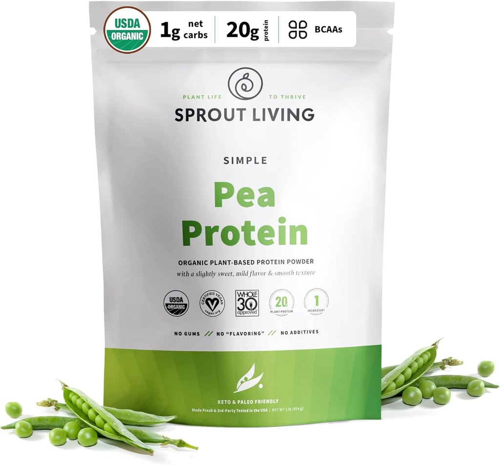 Sprout Living Organic Pea Protein Powder, Unflavored, 20 Grams of Plant Based Organic Protein Powder Without Artificial Sweeteners, Non Dairy, Non-GMO, Vegan, Gluten Free (1 Pound, 19 Servings)
