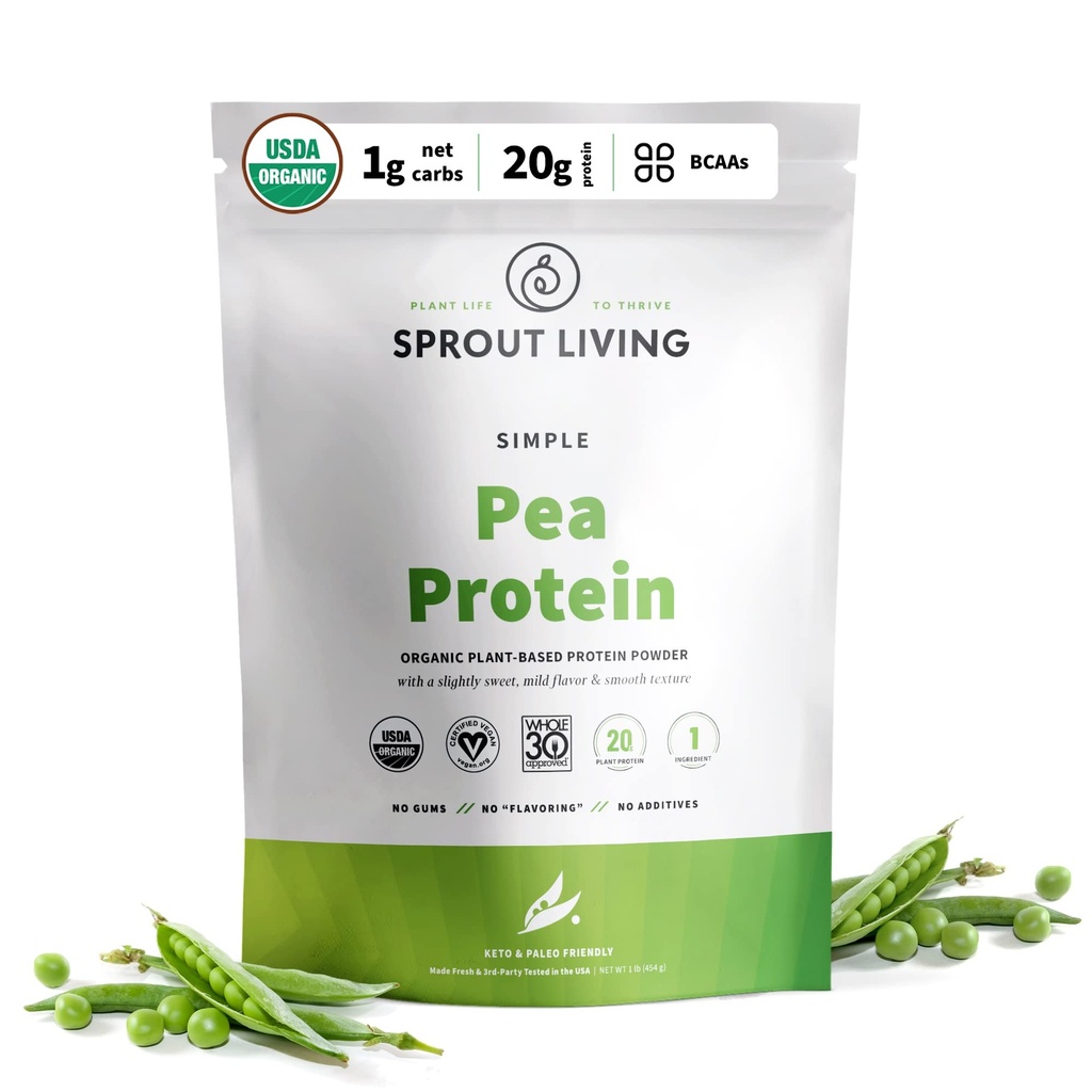 Sprout Living Organic Pea protein Toz, Unflavored, 20 Grams of Plant bazlı Organik Protein Toz Yapay Tatlıcılar olmadan, Sütsiz, Non-GMO, Vegan, Gluten Free (1 Pound, 19 Hizmet)