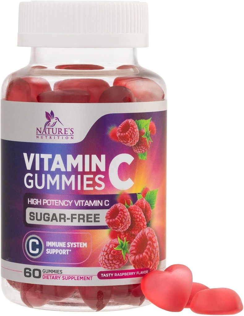Şeker Ücretsiz Vitamin C Gummies - Immune Support & Antioksi VitaminC Diyeter Supplement - Vegan, Non-GMO, Süt & Gluten Free C Vitamin Gummy - Raspberry Flavor for Kids & Yetişkinler - 60 Count Gummies