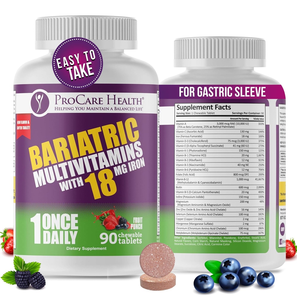 ProCare Health Bariatric Chewable Multivitamin with Iron 18 mg (90 Tablet) - Meyve Flavor - Gastrik Bypass & Kol Gaztrektomi Hastaları için* (3 Ay Supply)