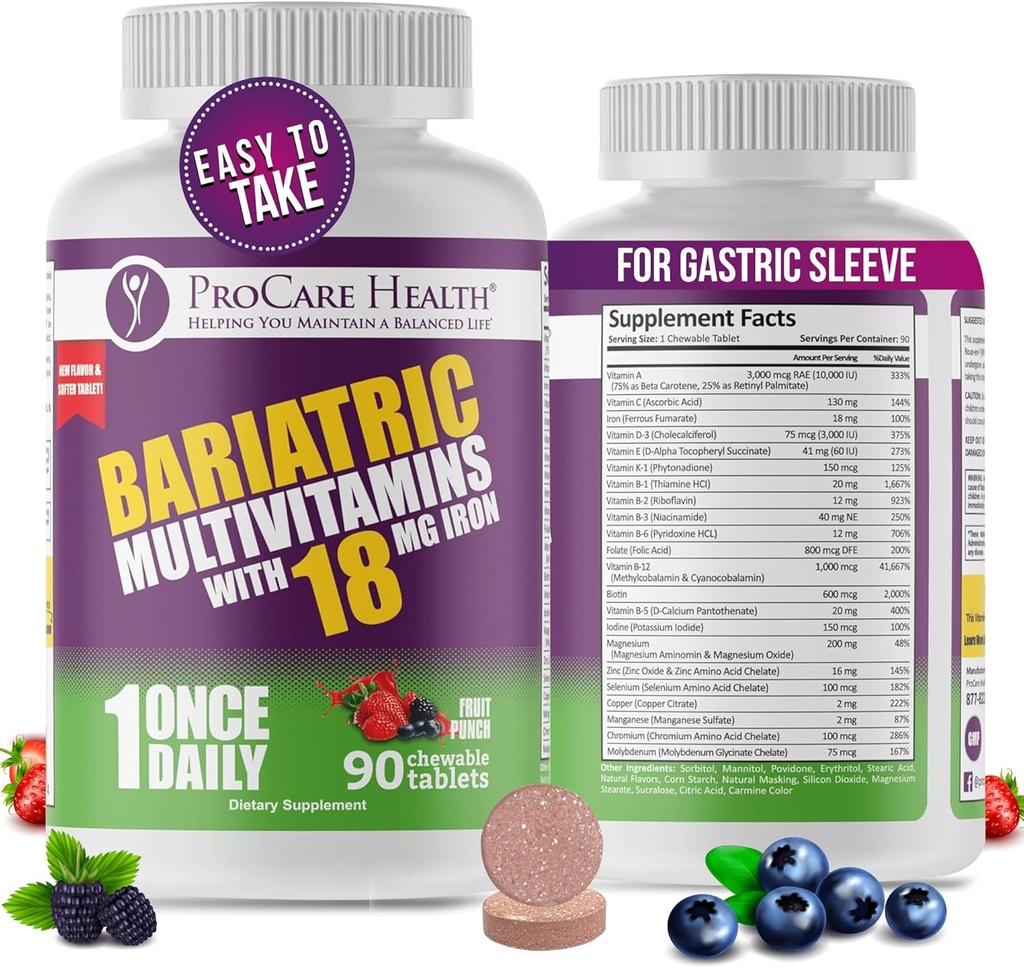 ProCare Health Bariatric Chewable Multivitamin with Iron 18 mg (90 Tablet) - Meyve Flavor - Gastrik Bypass & Kol Gaztrektomi Hastaları için* (3 Ay Supply)