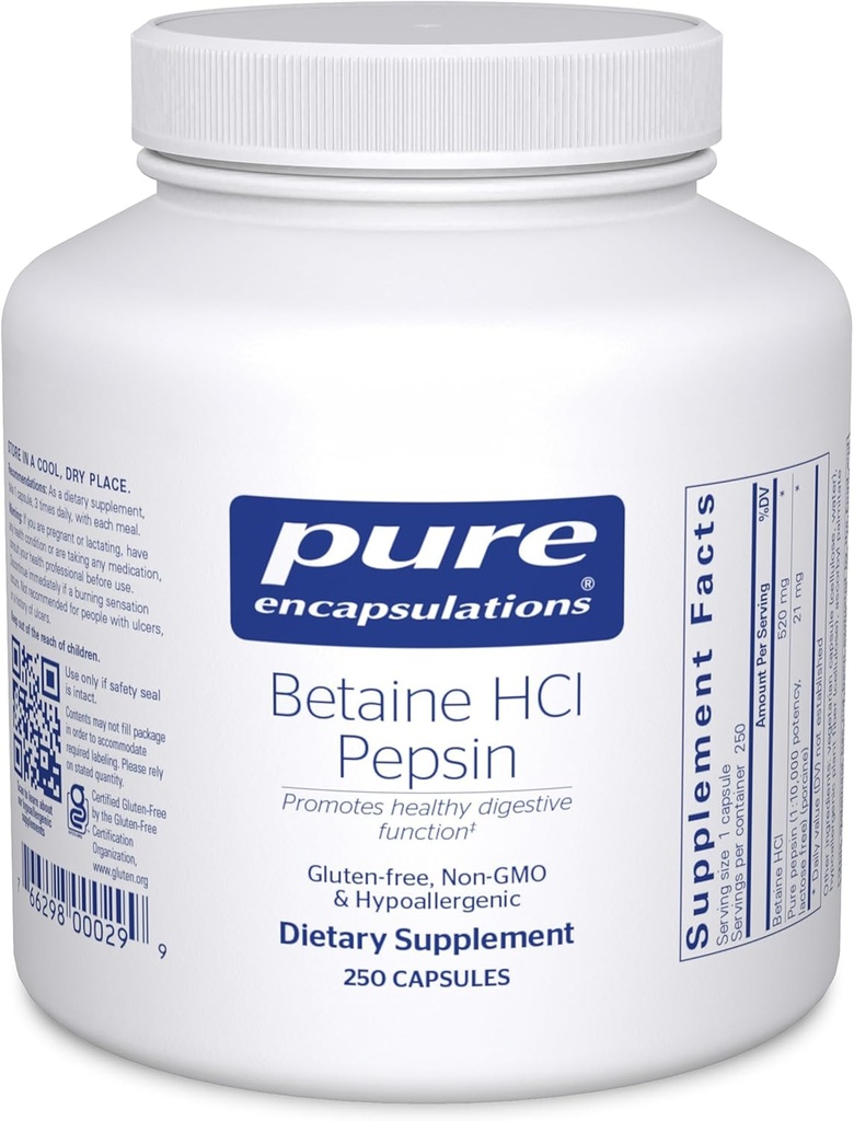 Saf Encapsulations Betaine HCl Pepsin - Enjektif Enzymes Supplement for Digestion Aid & Support, Stomach Acid & Nutrient Abxia* - Betaine HCl Pepsin - 250 Capsules