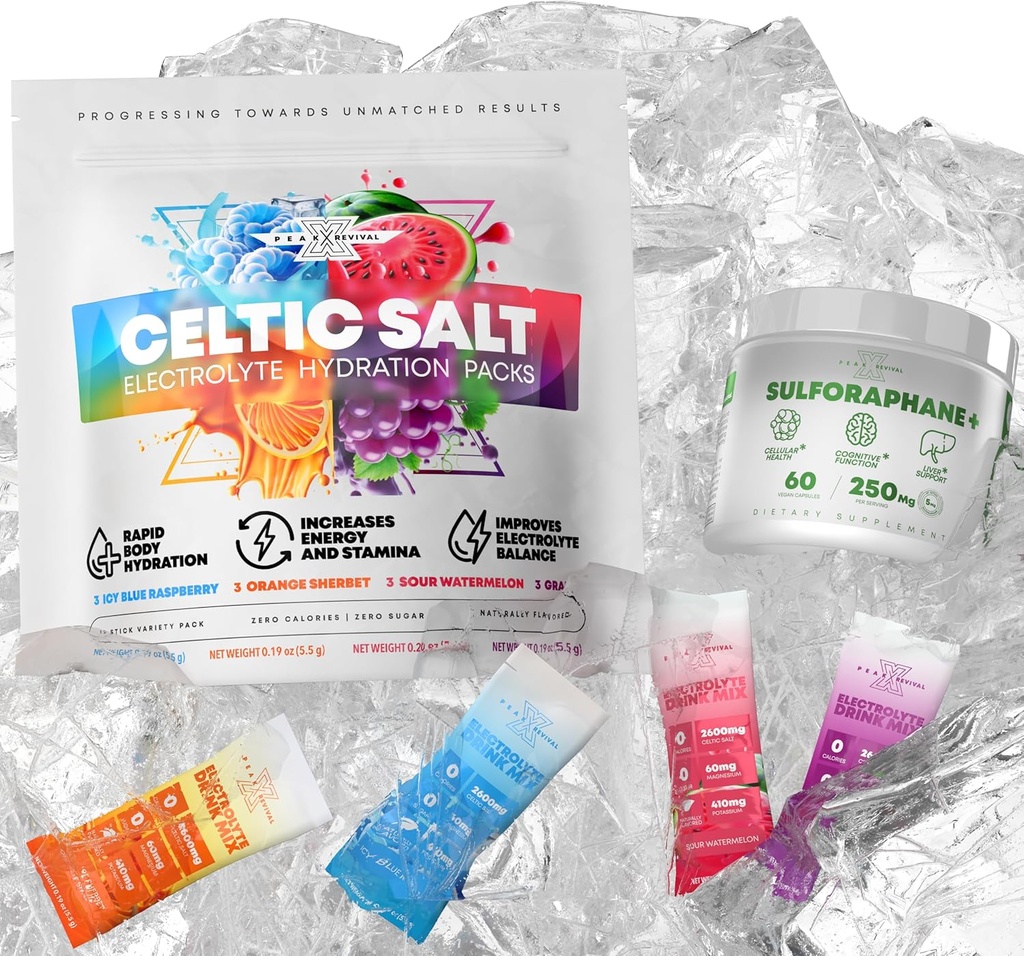 5000 Canlı Gerçek Lab Onaylanmış Sulforaphane Tamam + Elektrolytes Toz Paketleri Celtic Salt 12 Elektrolyte Packets