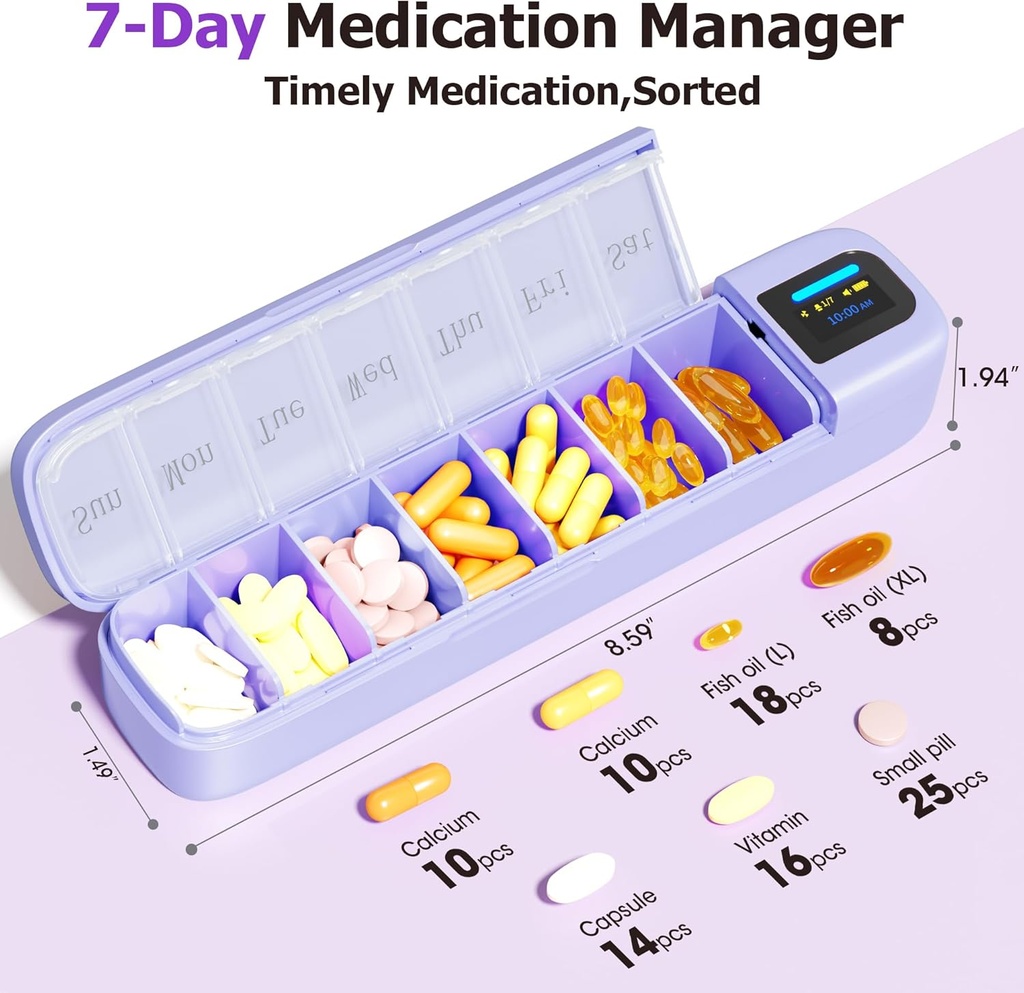 Daviky Smart Pill, Alarmla Organize Edecek, Bir Gün Pill Box 7 Gün Bir Zaman APP, Haftalık Seyahat Pill Case, Portatif Pill Tıplar, Tamamlar ve Vitaminler (Purple)