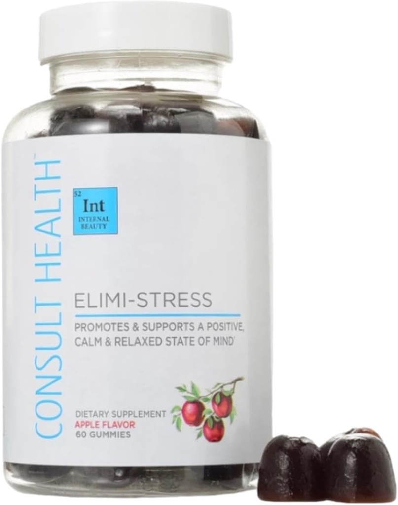Συμβουλευτείτε την υγεία - ELIMI-Stress Vegan Gummies - συμπλήρωμα ανακούφισης στρες - Μείωση της κόπωσης - Φυσικό άρωμα μήλου - εκχύλισμα ρίζας και φύλλων Ashwagandha -Tumeric Extract - Caffeine Free - 60 Count
