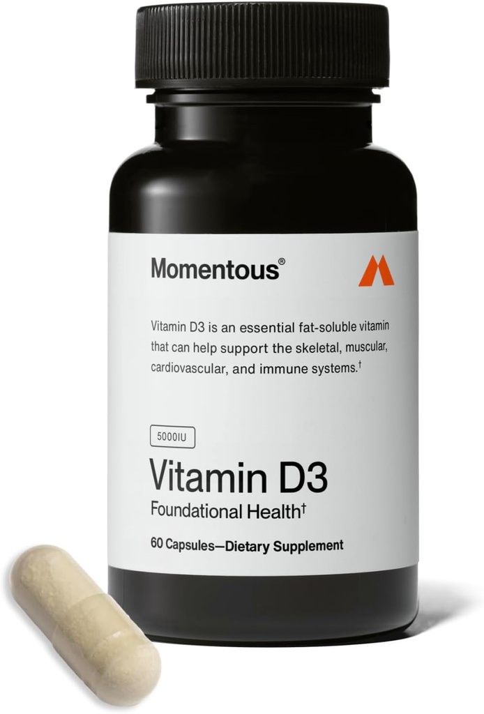 Momentous Vitamin D3 Supplement - 5000 IU Capsules for Foundational Health Support - NSF Spor için sertifikalı - Gluten-Free - 60 Hizmetler