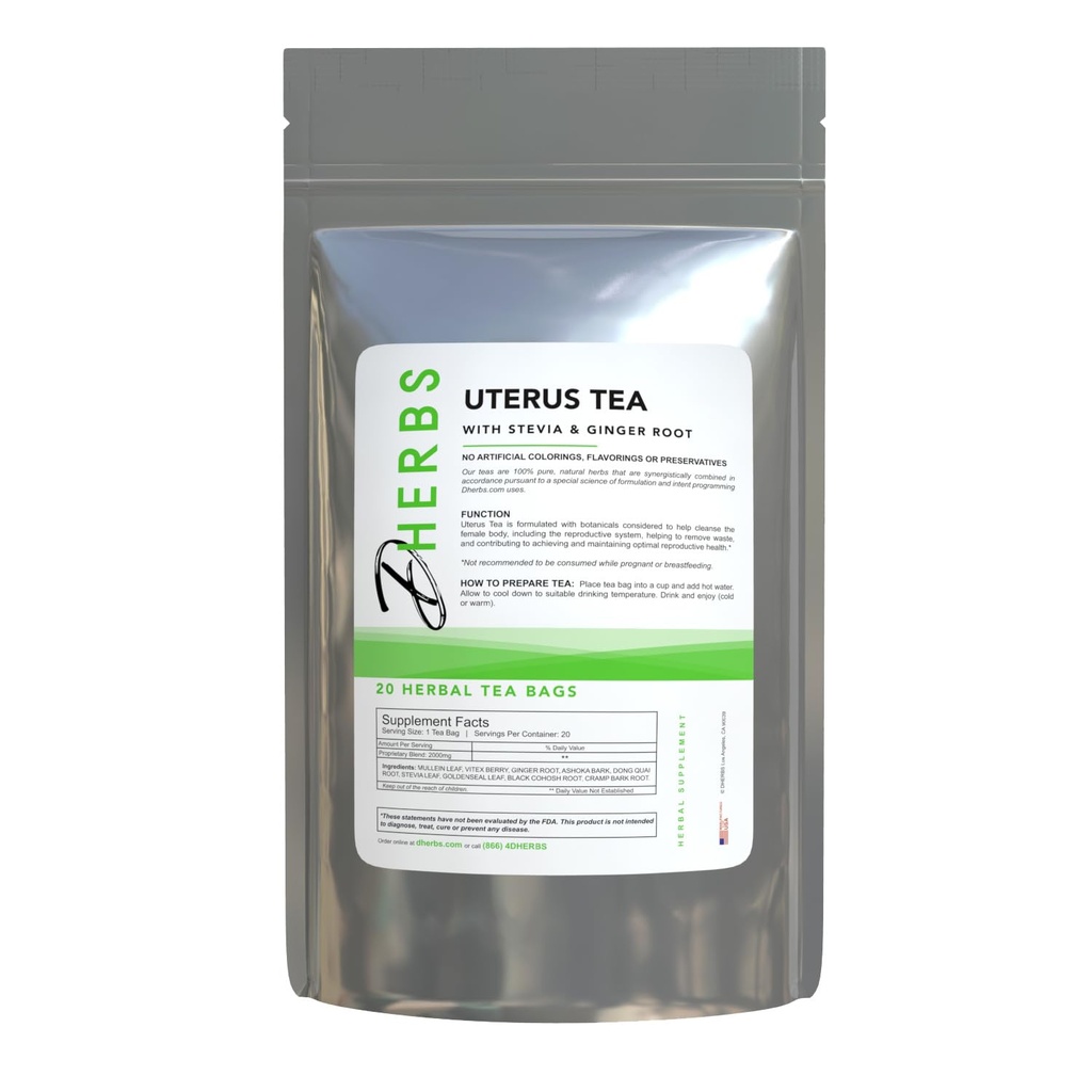 Herbal Uterus Tea, Ginger Root, Mullein Leaf, Stevia, ve Vitex Berry (20 Çanta)