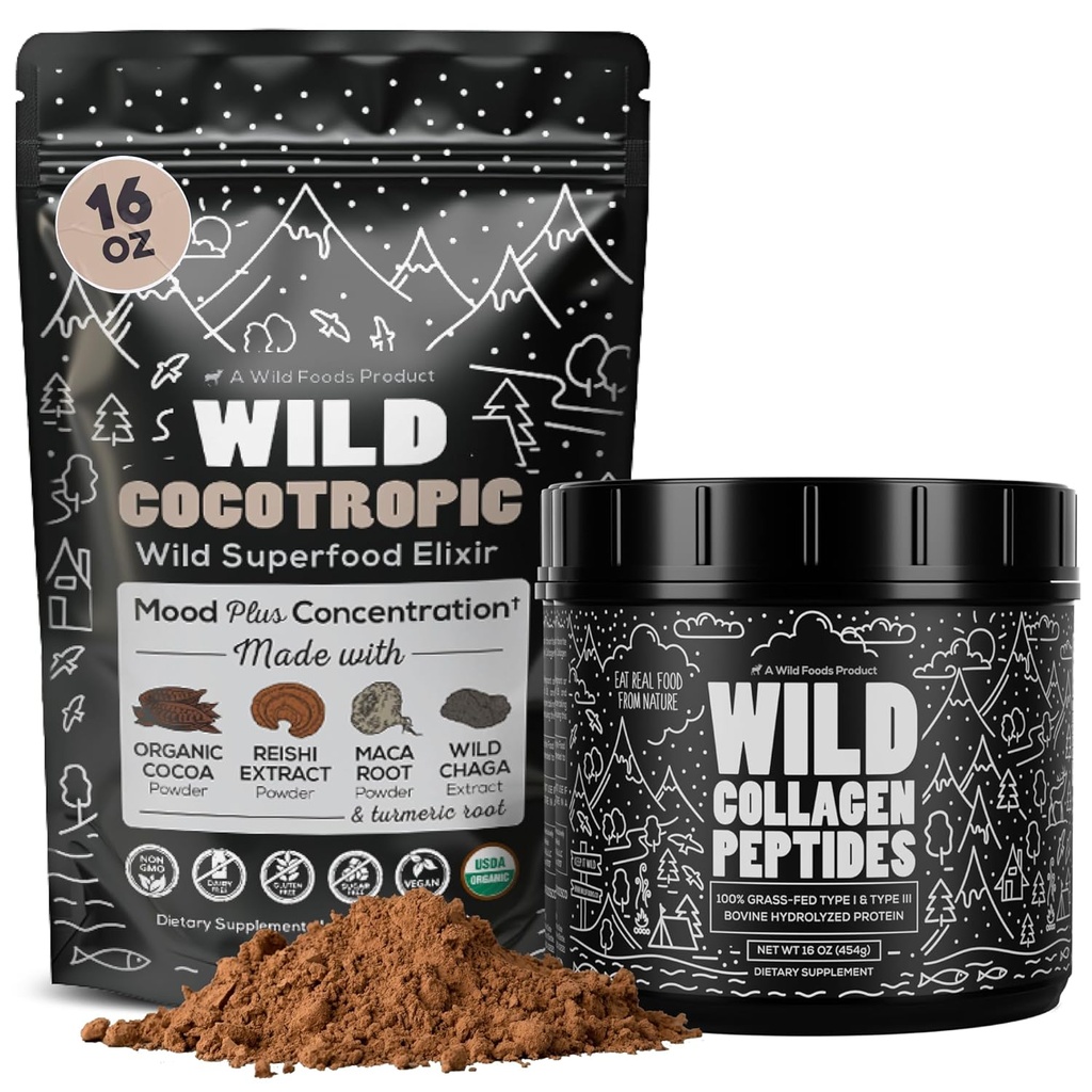 Cocotropic Organik Mushroom Cacao Mix (16oz) & Collagen Bundle (16oz) Cilt, Saç ve Ortak Destek