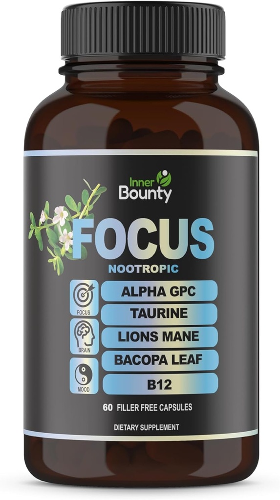 Focus 14-in-1 Nootropic Brain Supplement with Lions Mane, Alfa GPC Choline, C & B12, Taurin, Bacopa - Enerji, Bilişsel, Hafıza Desteği, 60 Filler Free Capsules