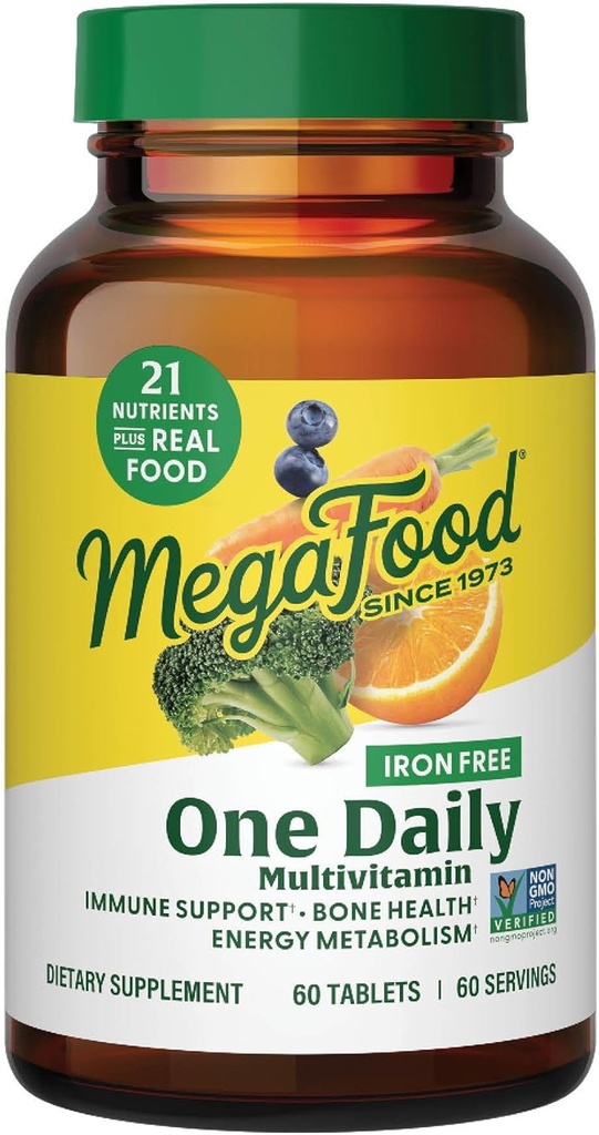 MegaFood One Daily Iron Free Multivitamin - Multivitamin for Women and Men - with Real Food - Immune Support Supplement - Bone Health - Energy Metabolism - Vegetarian; Non-GMO; No Iron - 60 Tablets