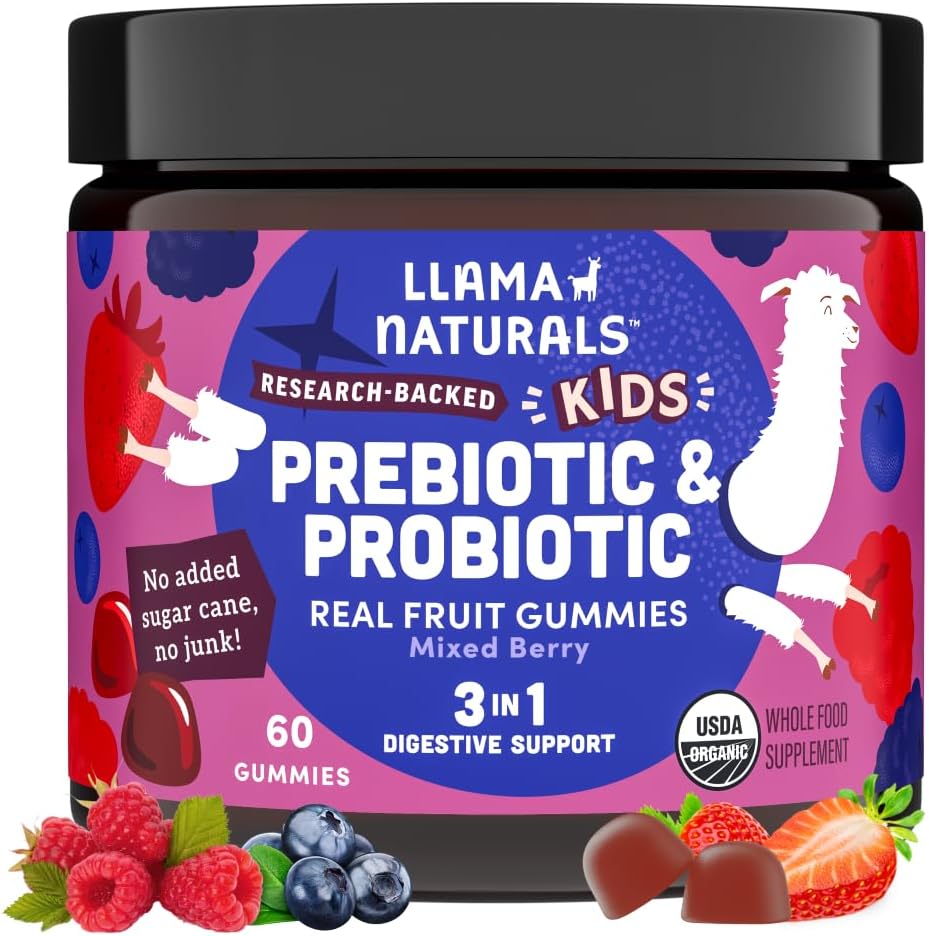 Llama Naturals Kids Probiyotik with Prebiyotik Fiber, Vegan, Organik Prebiyotiks and Probiyotiks Gummies for Gut Health Support, Toddler Real Fruit Gummy Vitamins, NoEDIT Sugar Cane, Karma Berry, 60 Ct