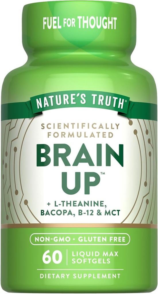 Nature's Truth Brain Up Softgels | 60 Count | with L-Theanine, Bacopa, B-12 & MCT | Non-GMO and Gluten Free Supplement