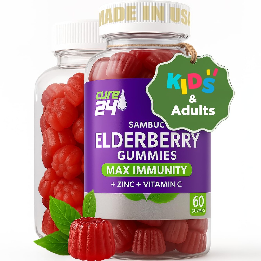 Sambucus Elder Gummies + Vitamin C + Çocuklar ve Yetişkinler için çinko, X3 Immune Support, Natural Flavors + Malzemeler, Vegan, Non-GMO, ABD'de (60)