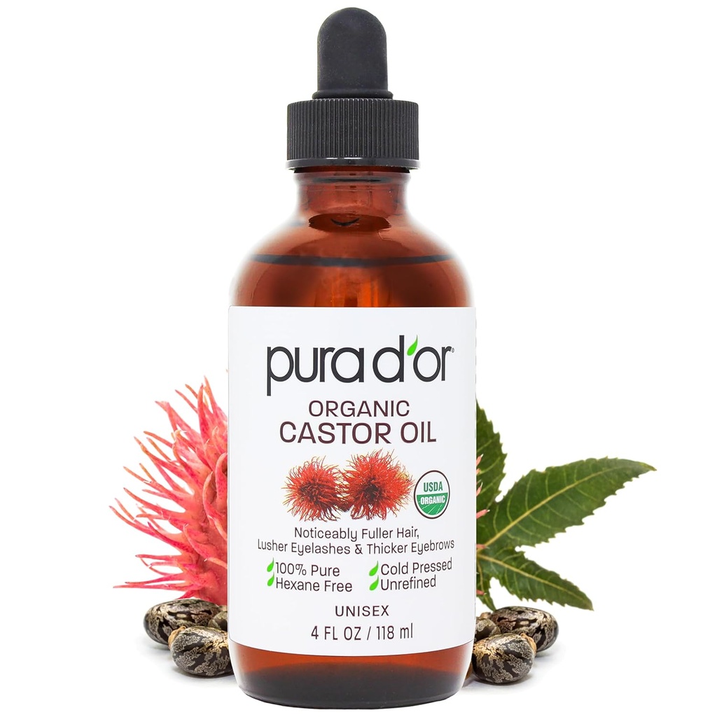 PURA D'OR 4 Oz ORGANIC Castor Oil - 100% Pure USDA sertifikalı Cold Pressed, Hexane Free Eyelash & Eyebrow Serum - For Fuller, Tier Lashes & Brows - Skin & Hair