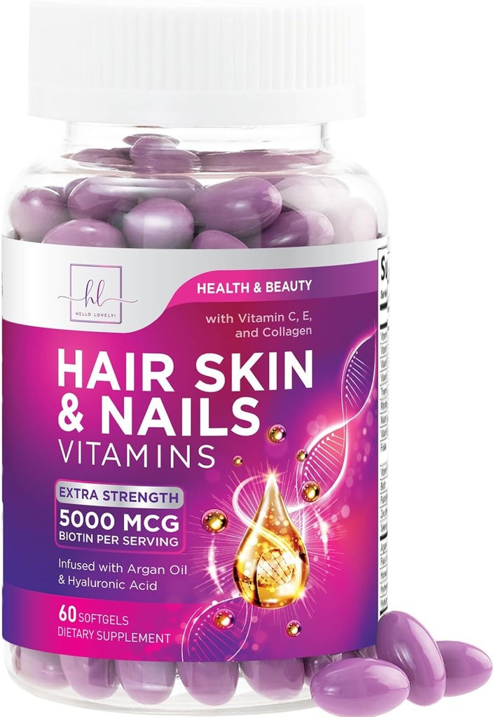 Hair, Skin & Nails Βιταμίνες για γυναίκες - Biotin 5000mcg για την υποστήριξη της ανάπτυξης των μαλλιών με Argan Oil, Collagen & Hyaluronic Acid, Όμορφη, ισχυρότερη επιδερμίδα, μαλλιά & νύχια Συμπλήρωμα βιταμίνης - 60 Softgels